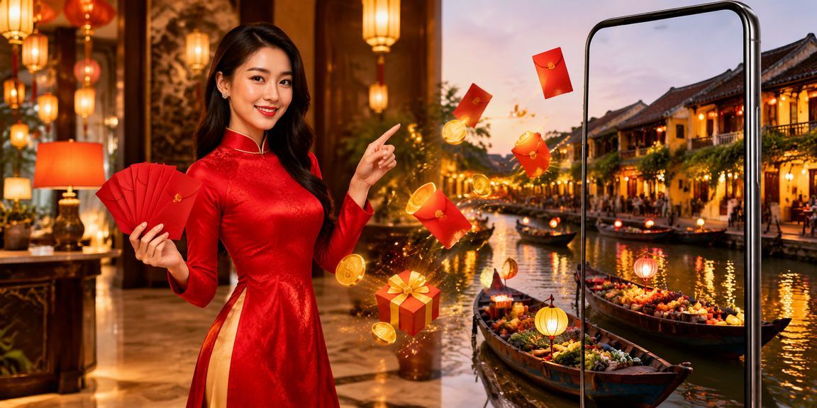 Phụ nữ mặc áo dài tại Hội An cầm phong bì đỏ may mắn biểu trưng cho việc chơi game vui vẻ và có trách nhiệm